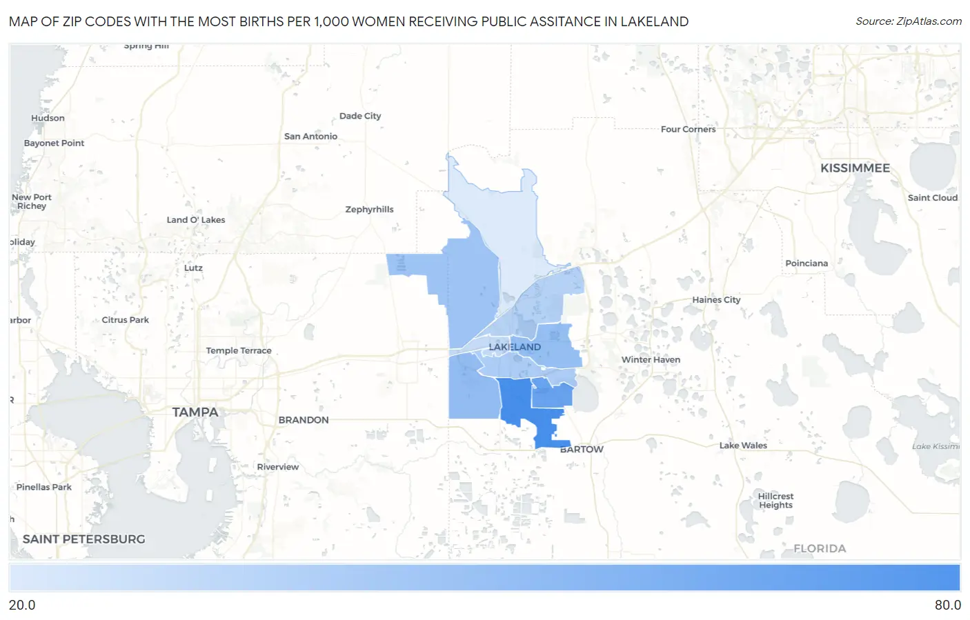 Zip Codes with the Most Births per 1,000 Women Receiving Public Assitance in Lakeland Map
