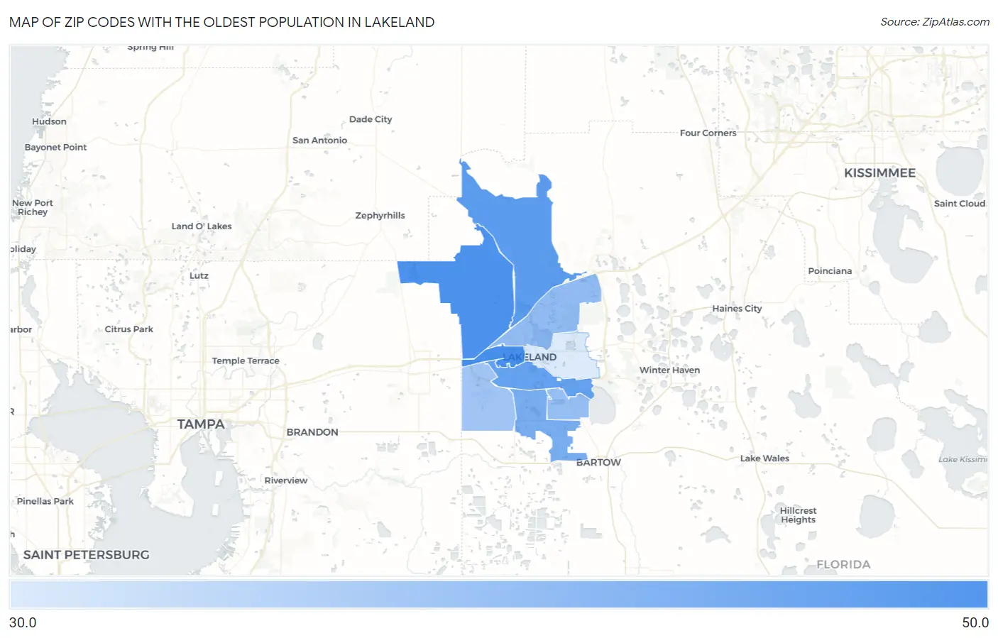 Zip Codes with the Oldest Population in Lakeland Map