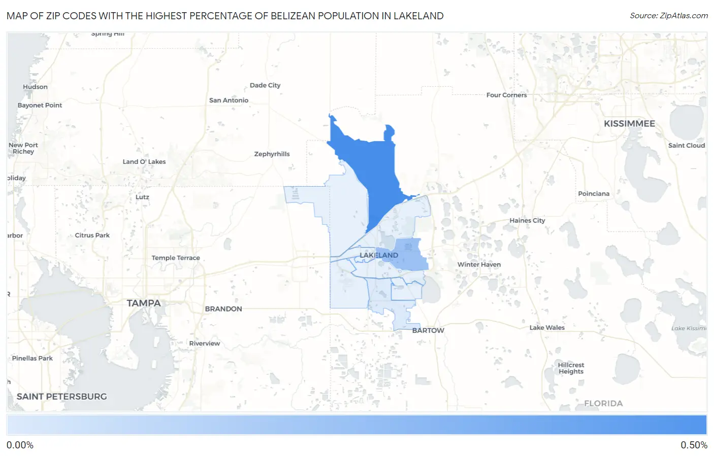 Zip Codes with the Highest Percentage of Belizean Population in Lakeland Map