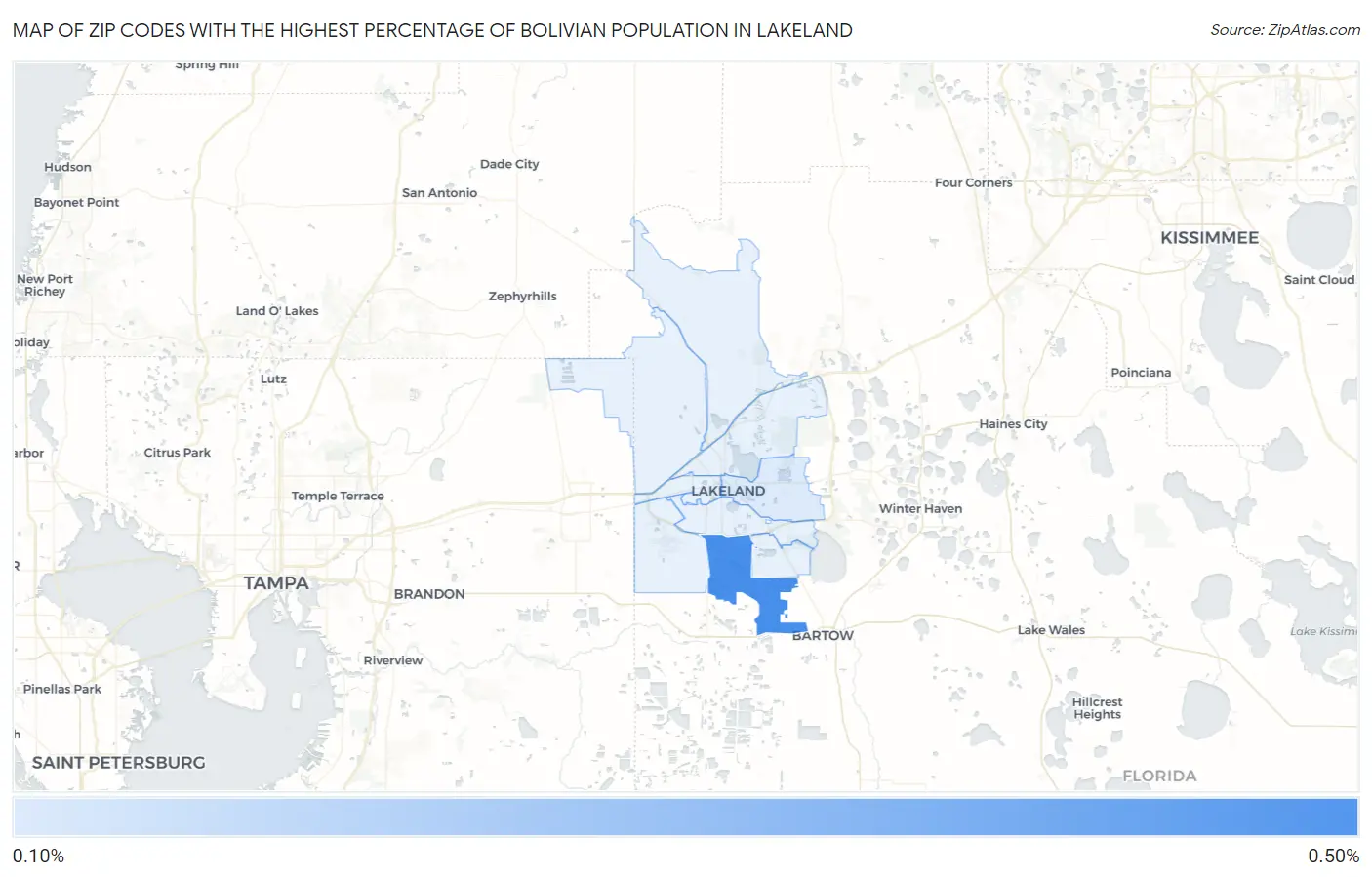 Zip Codes with the Highest Percentage of Bolivian Population in Lakeland Map