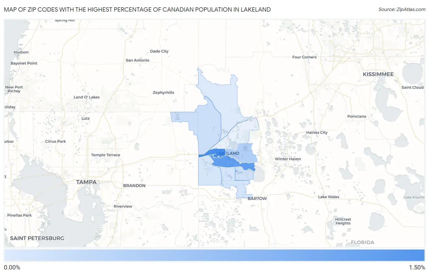 Zip Codes with the Highest Percentage of Canadian Population in Lakeland Map