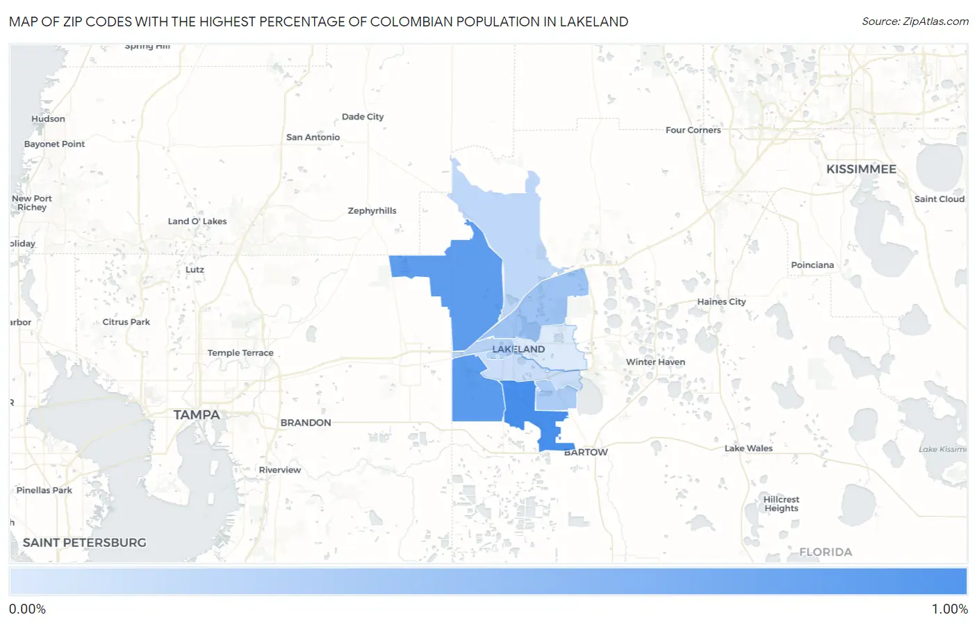 Zip Codes with the Highest Percentage of Colombian Population in Lakeland Map