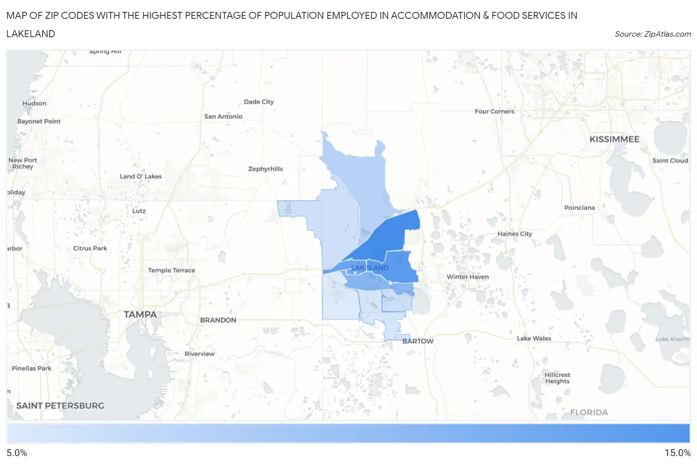 Zip Codes with the Highest Percentage of Population Employed in Accommodation & Food Services in Lakeland Map