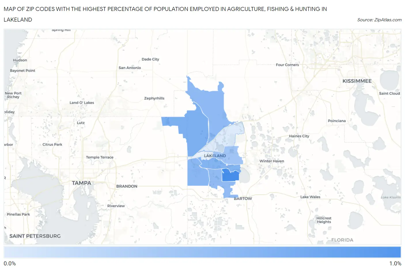 Zip Codes with the Highest Percentage of Population Employed in Agriculture, Fishing & Hunting in Lakeland Map