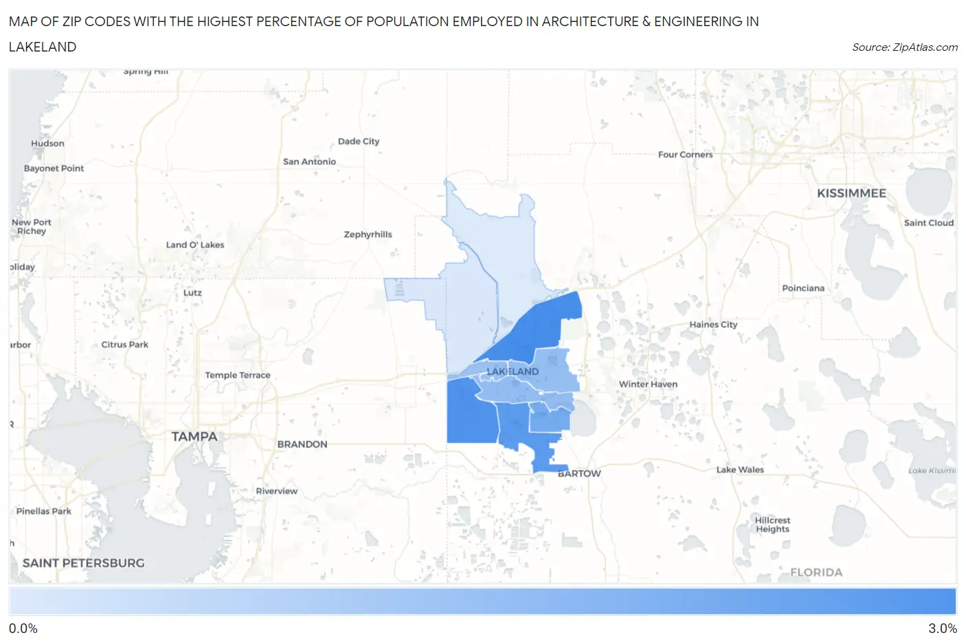 Zip Codes with the Highest Percentage of Population Employed in Architecture & Engineering in Lakeland Map