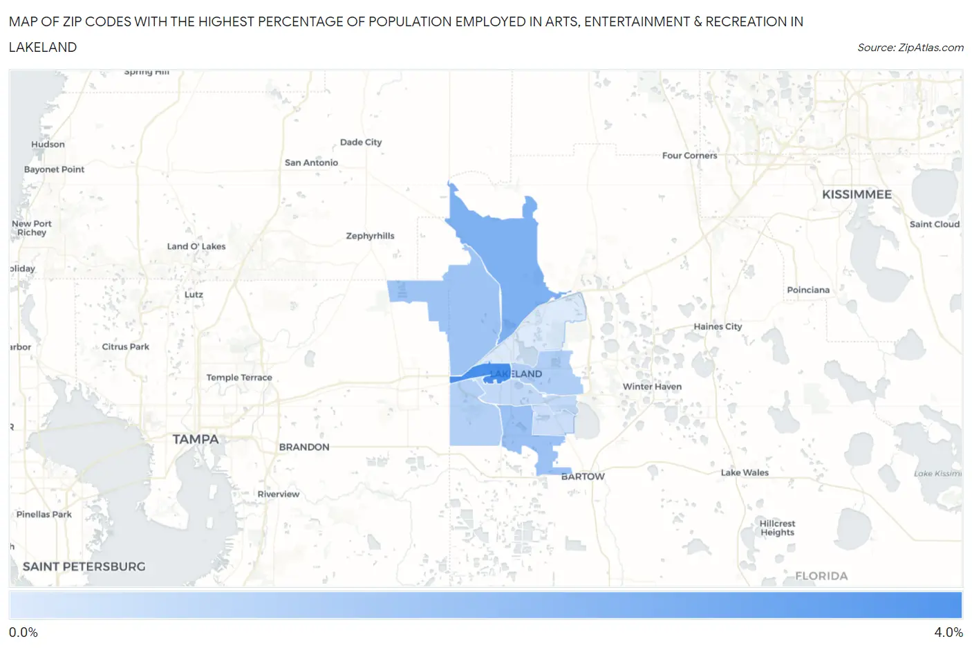 Zip Codes with the Highest Percentage of Population Employed in Arts, Entertainment & Recreation in Lakeland Map