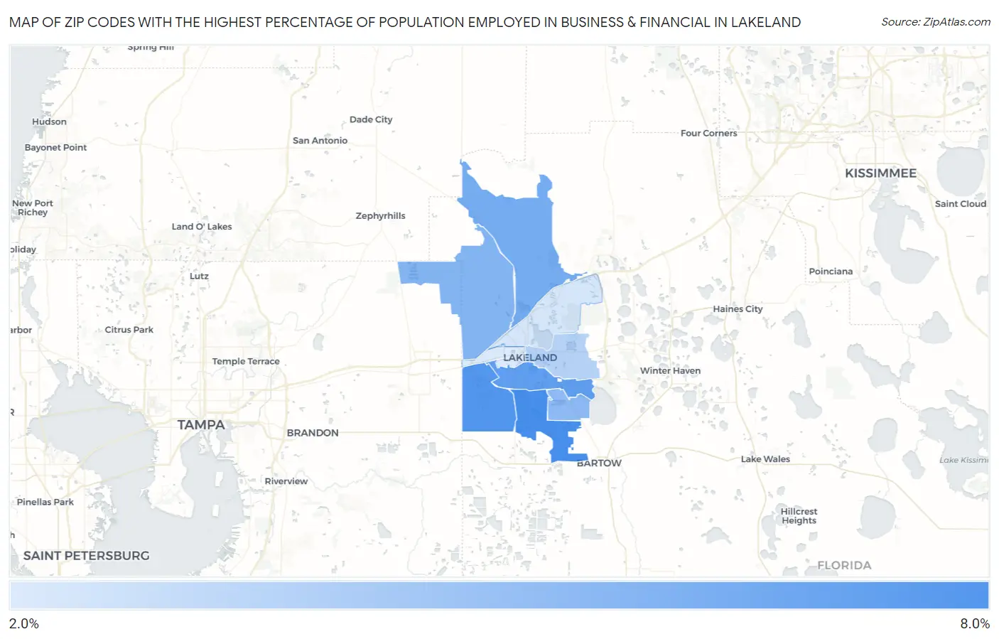 Zip Codes with the Highest Percentage of Population Employed in Business & Financial in Lakeland Map