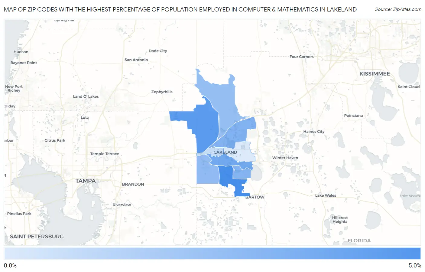 Zip Codes with the Highest Percentage of Population Employed in Computer & Mathematics in Lakeland Map