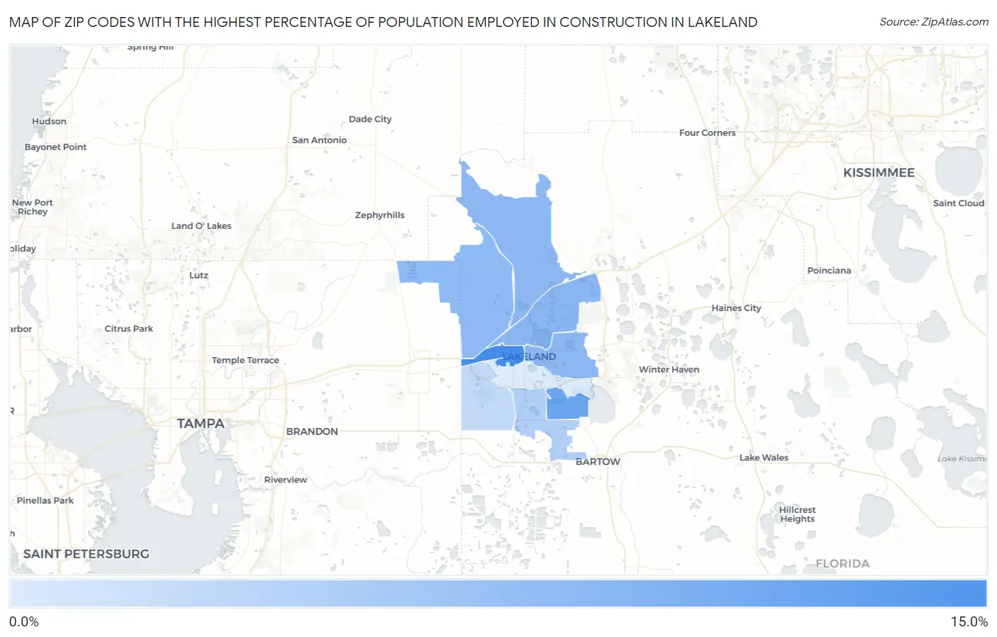 Zip Codes with the Highest Percentage of Population Employed in Construction in Lakeland Map