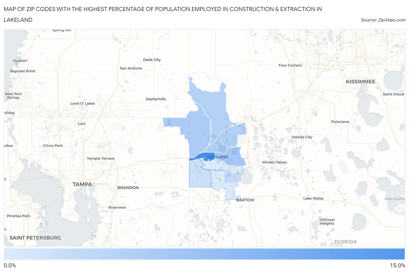 Zip Codes with the Highest Percentage of Population Employed in Construction & Extraction in Lakeland Map