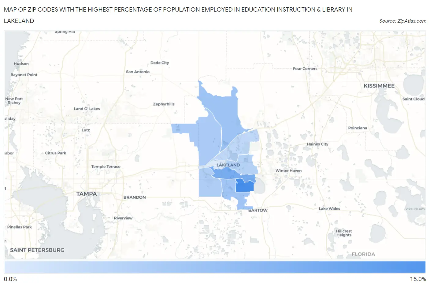 Zip Codes with the Highest Percentage of Population Employed in Education Instruction & Library in Lakeland Map