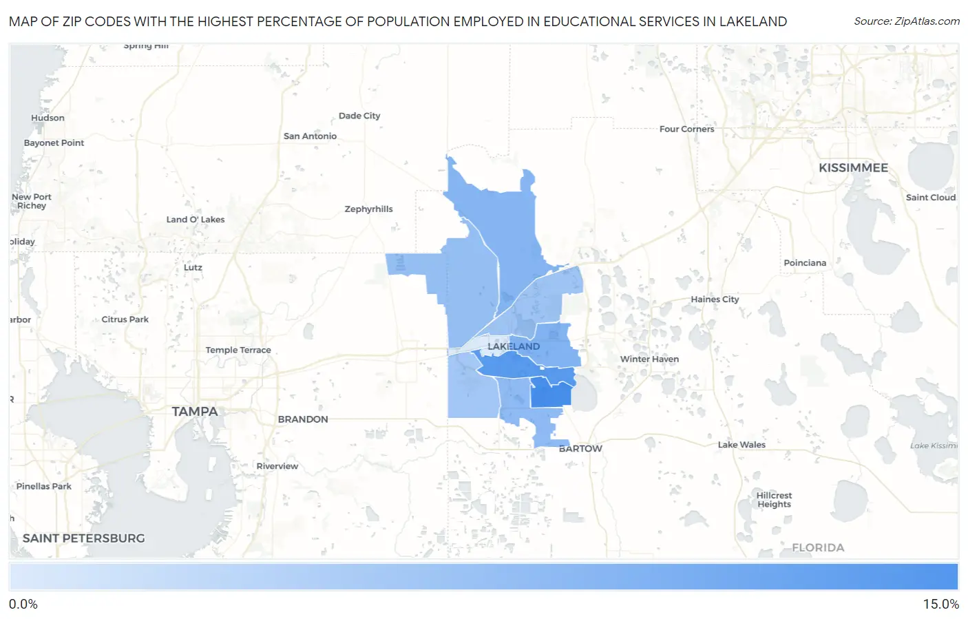Zip Codes with the Highest Percentage of Population Employed in Educational Services in Lakeland Map