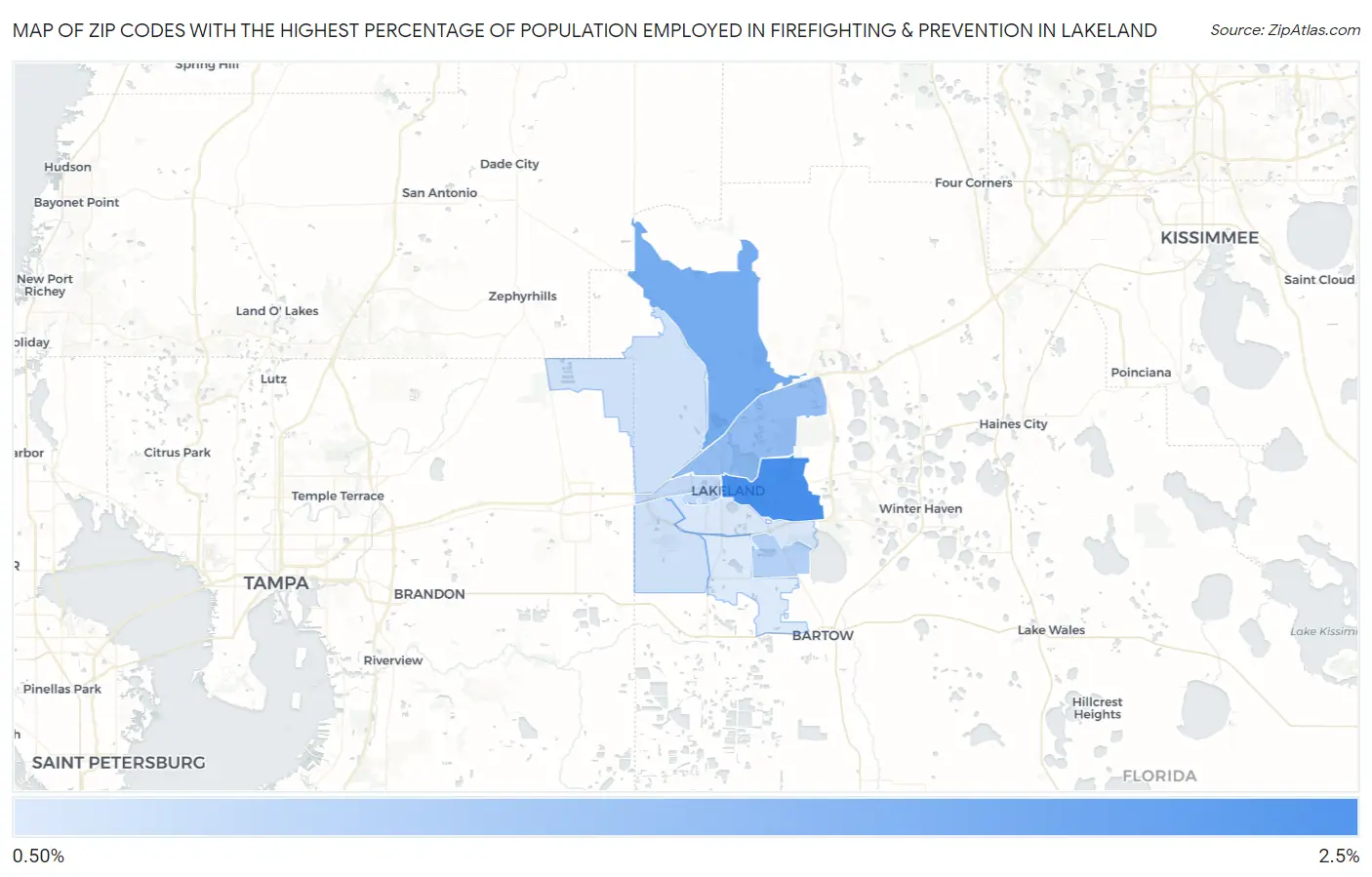 Zip Codes with the Highest Percentage of Population Employed in Firefighting & Prevention in Lakeland Map
