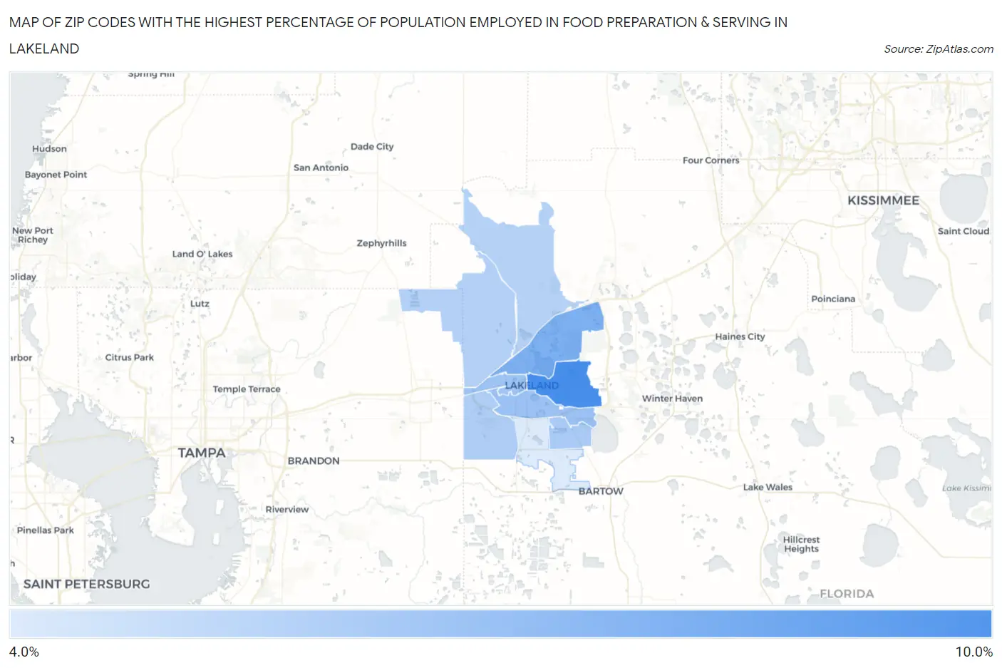 Zip Codes with the Highest Percentage of Population Employed in Food Preparation & Serving in Lakeland Map
