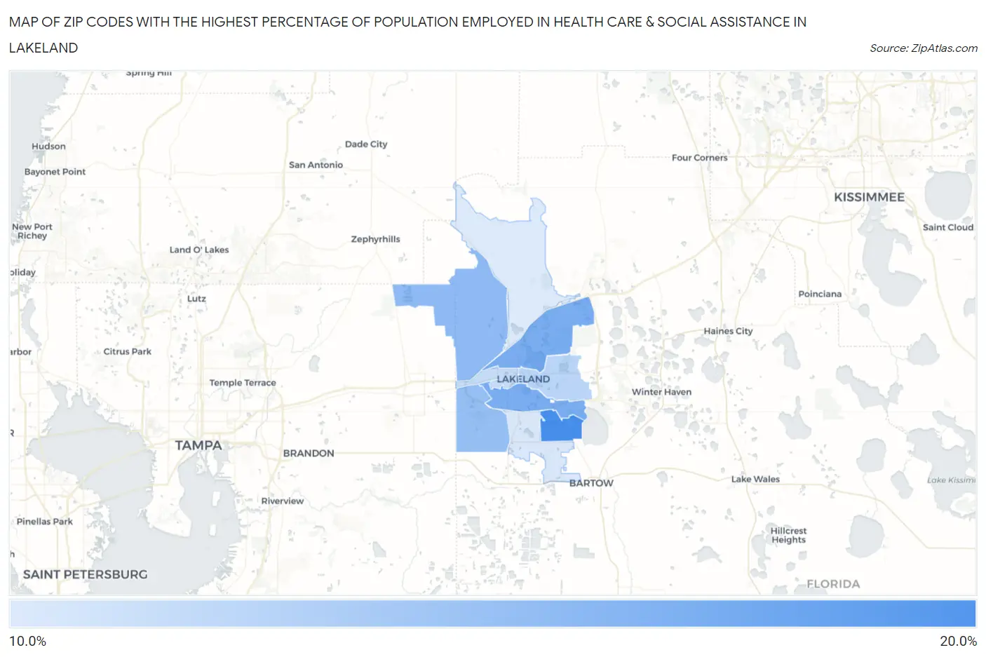 Zip Codes with the Highest Percentage of Population Employed in Health Care & Social Assistance in Lakeland Map