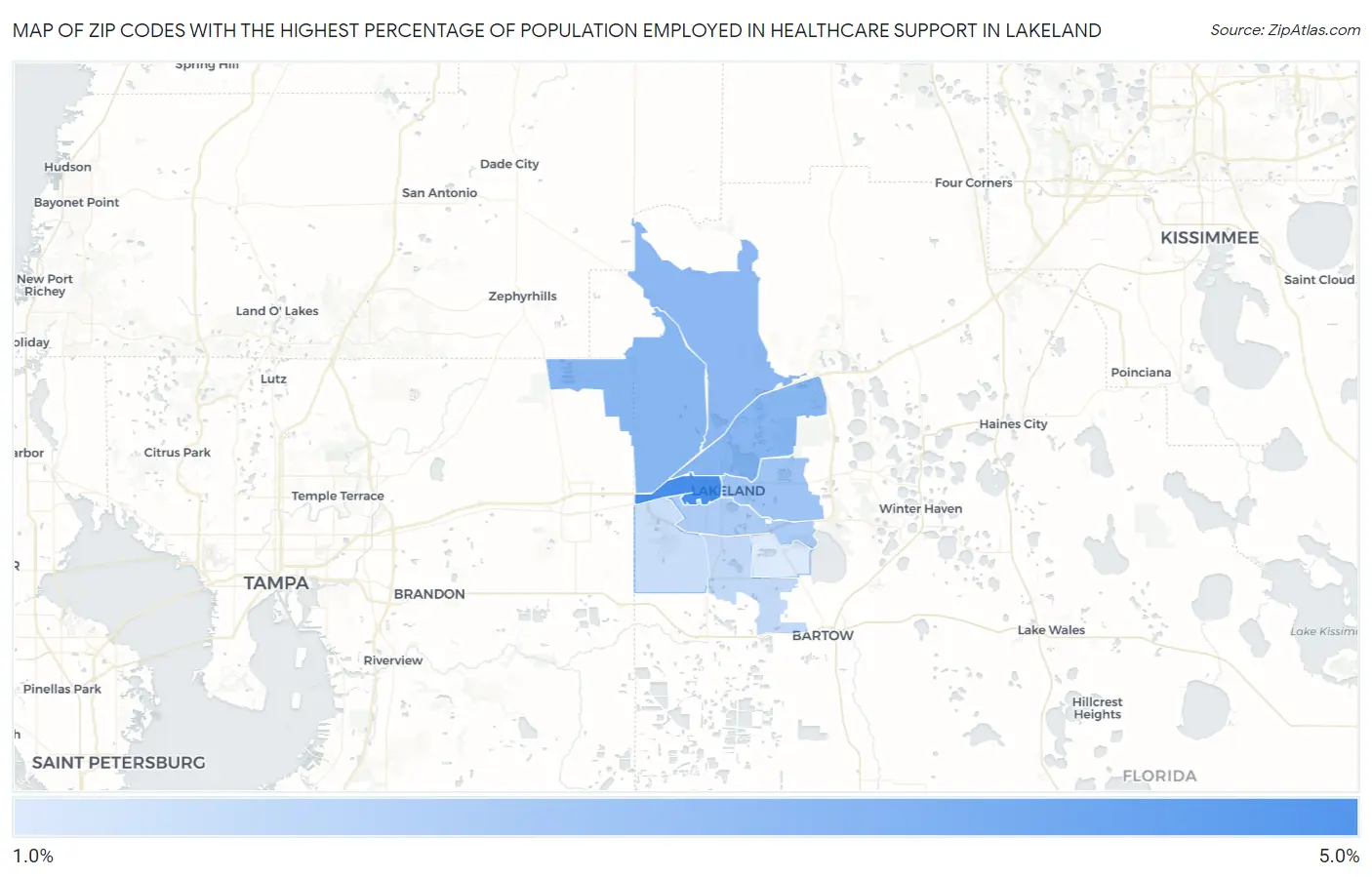 Zip Codes with the Highest Percentage of Population Employed in Healthcare Support in Lakeland Map