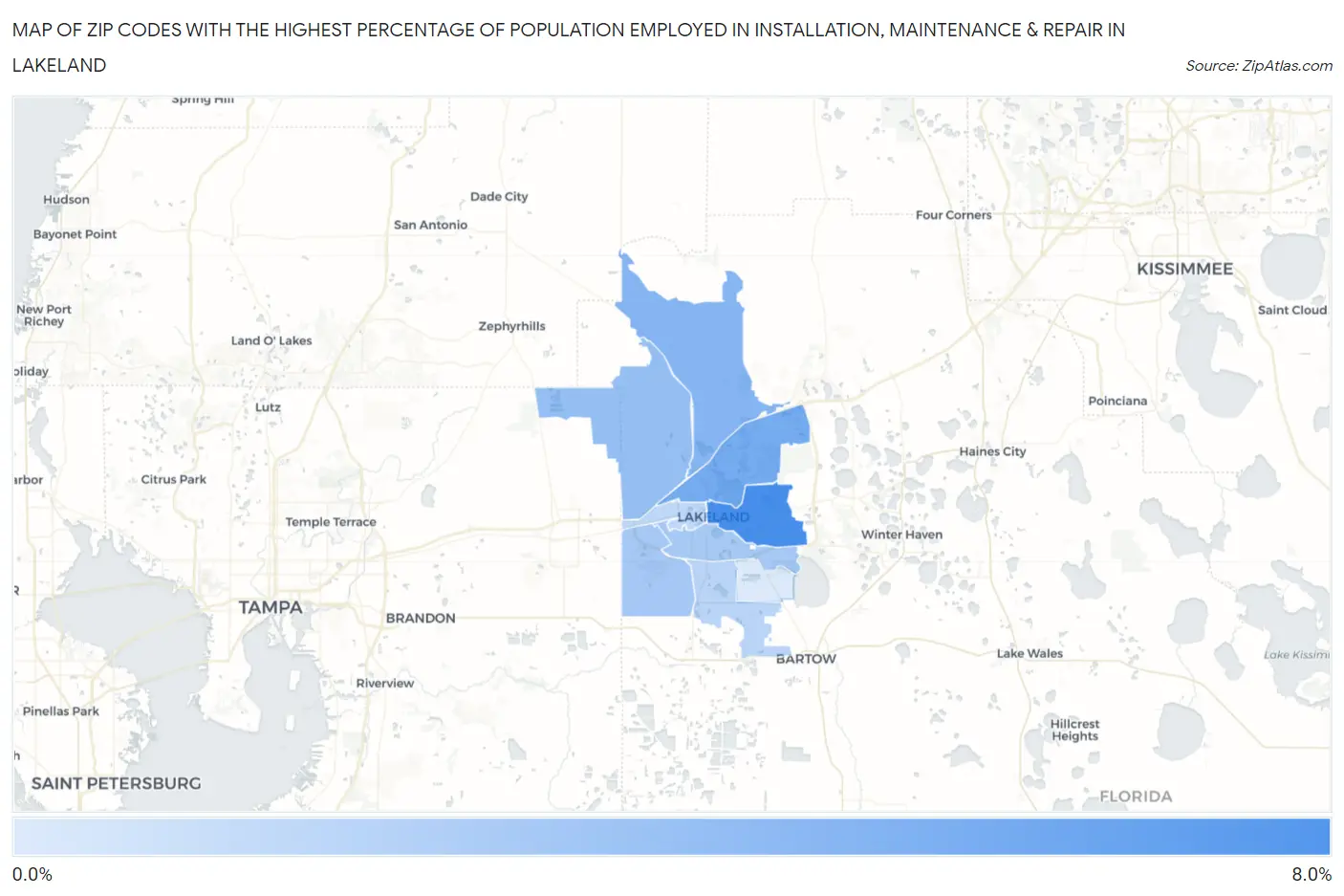Zip Codes with the Highest Percentage of Population Employed in Installation, Maintenance & Repair in Lakeland Map