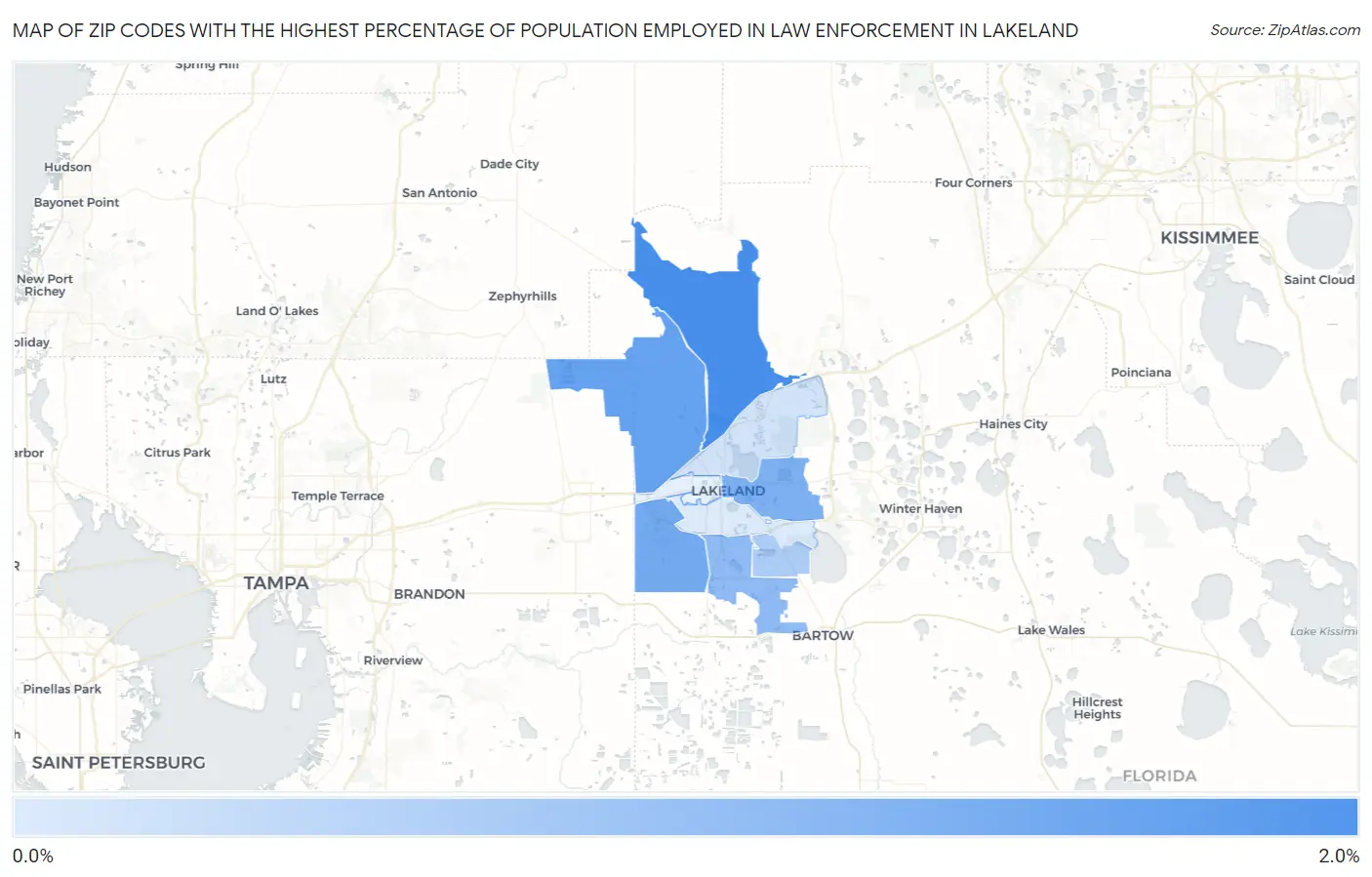 Zip Codes with the Highest Percentage of Population Employed in Law Enforcement in Lakeland Map