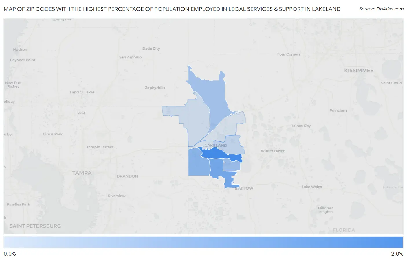 Zip Codes with the Highest Percentage of Population Employed in Legal Services & Support in Lakeland Map
