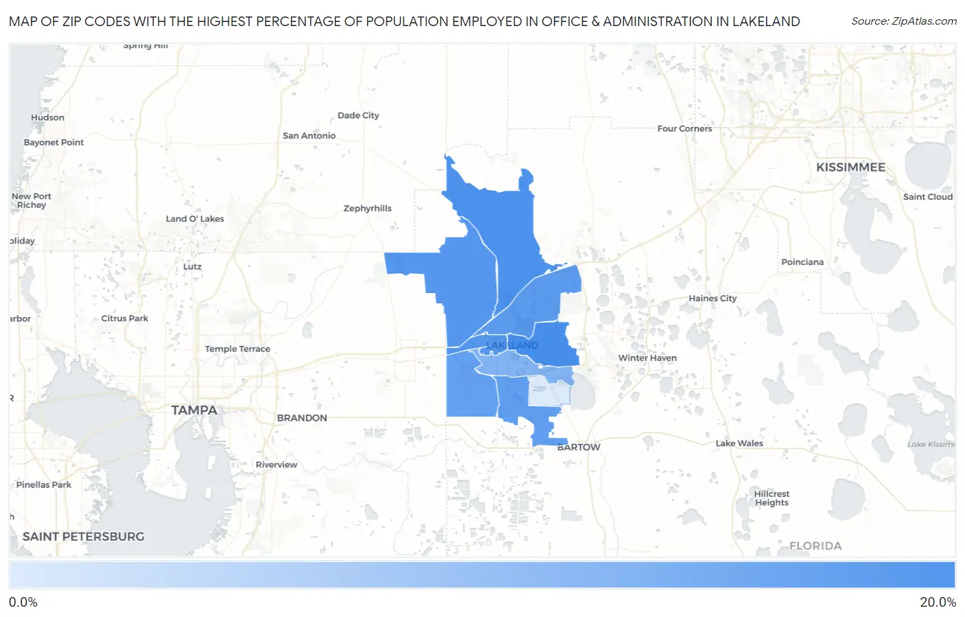 Zip Codes with the Highest Percentage of Population Employed in Office & Administration in Lakeland Map