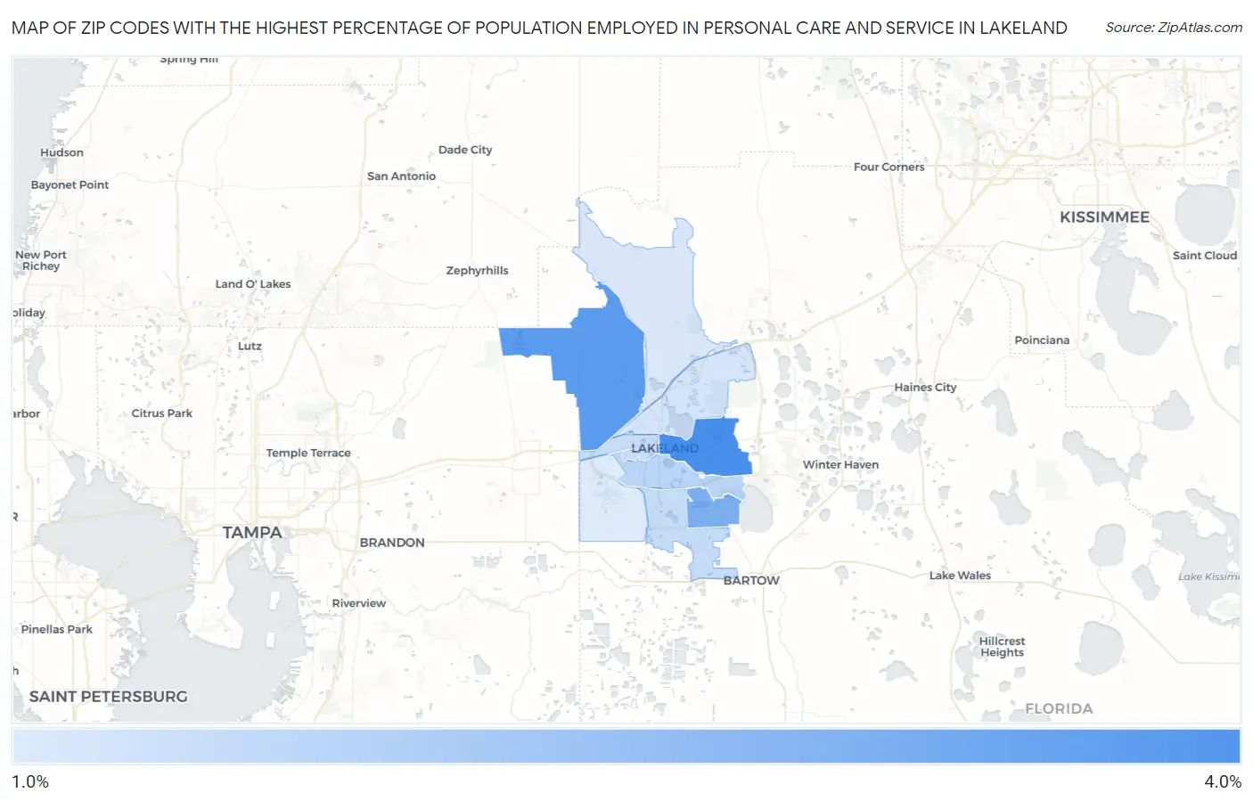 Zip Codes with the Highest Percentage of Population Employed in Personal Care and Service in Lakeland Map