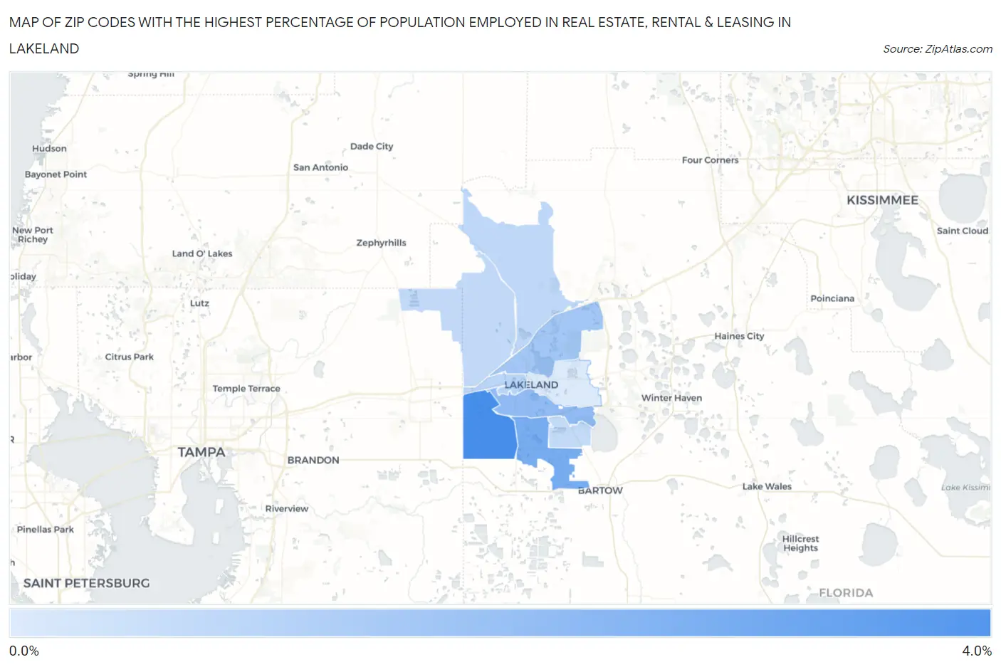 Zip Codes with the Highest Percentage of Population Employed in Real Estate, Rental & Leasing in Lakeland Map