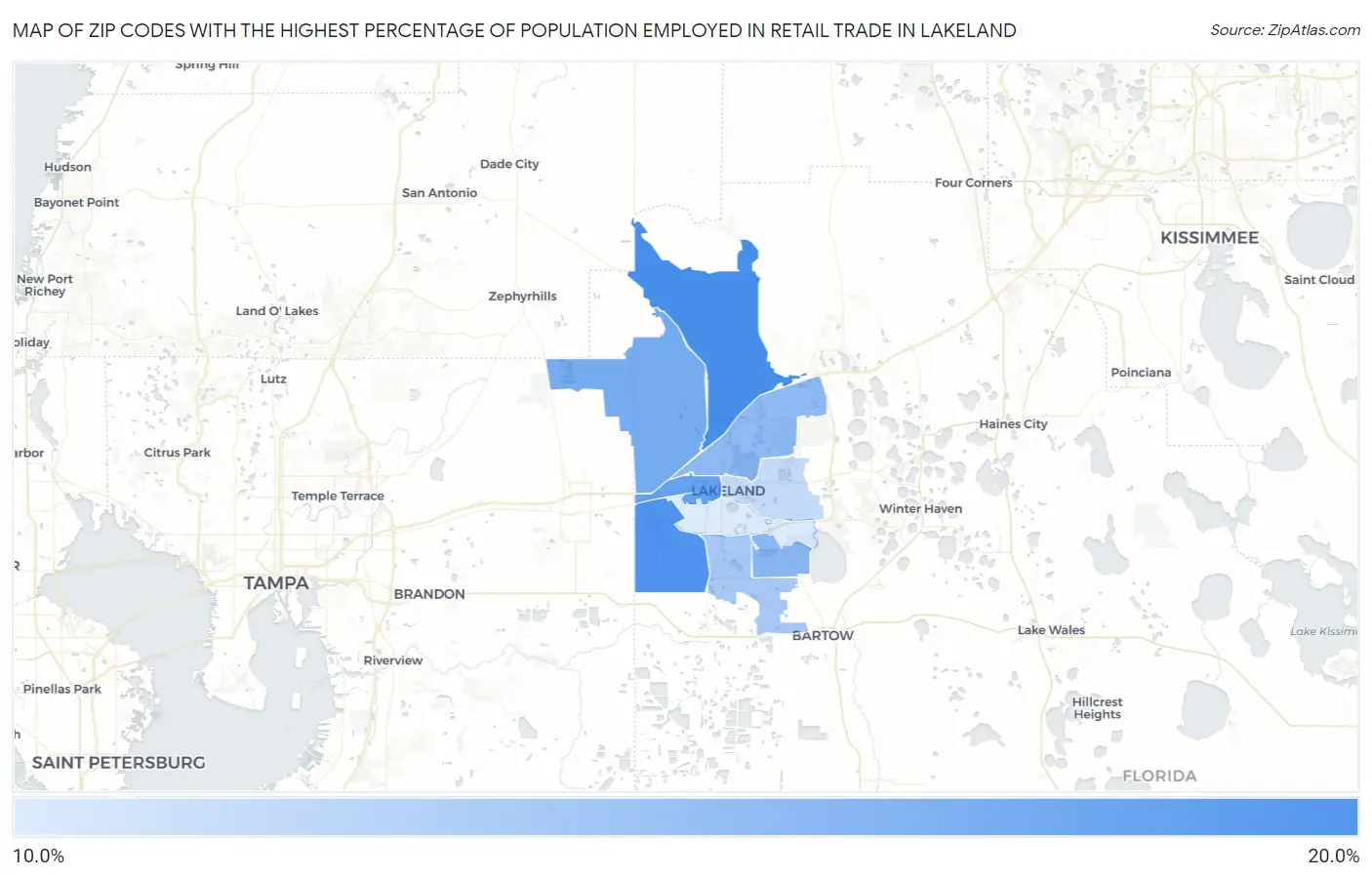 Zip Codes with the Highest Percentage of Population Employed in Retail Trade in Lakeland Map