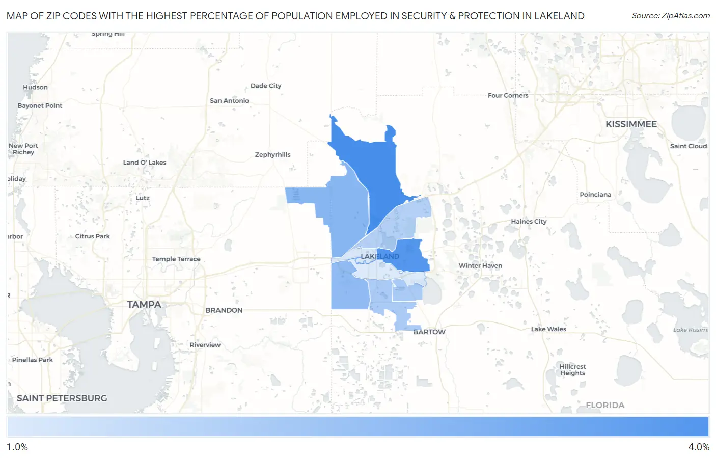 Zip Codes with the Highest Percentage of Population Employed in Security & Protection in Lakeland Map