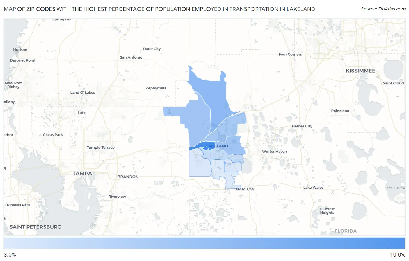 Zip Codes with the Highest Percentage of Population Employed in Transportation in Lakeland Map