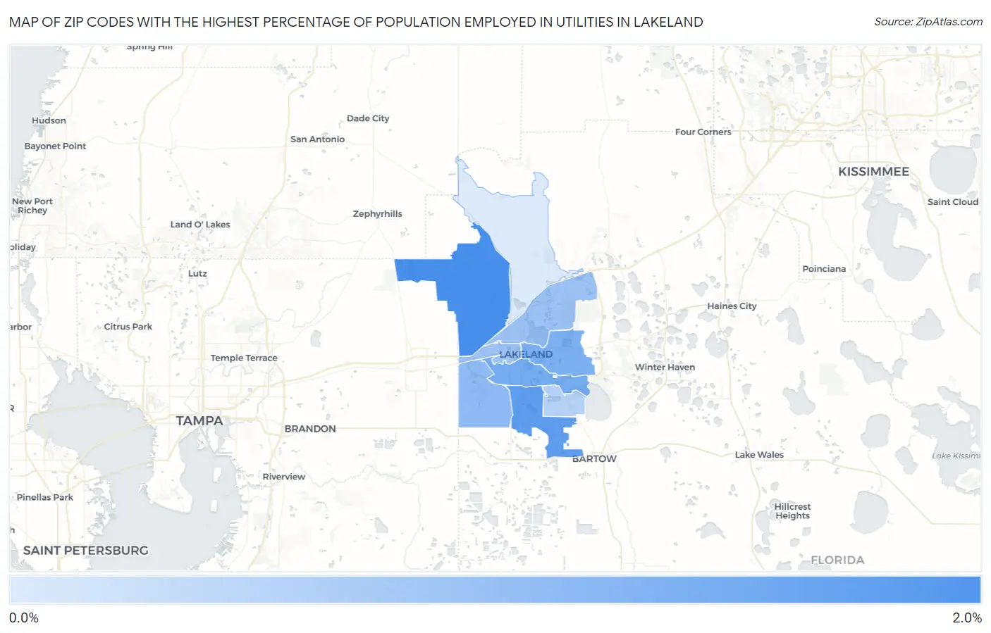 Zip Codes with the Highest Percentage of Population Employed in Utilities in Lakeland Map