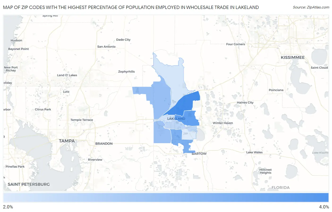 Zip Codes with the Highest Percentage of Population Employed in Wholesale Trade in Lakeland Map
