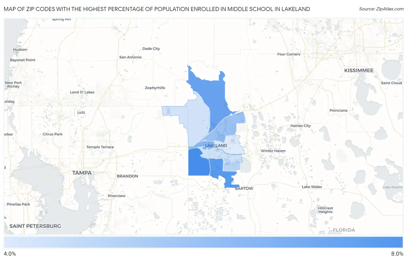 Zip Codes with the Highest Percentage of Population Enrolled in Middle School in Lakeland Map