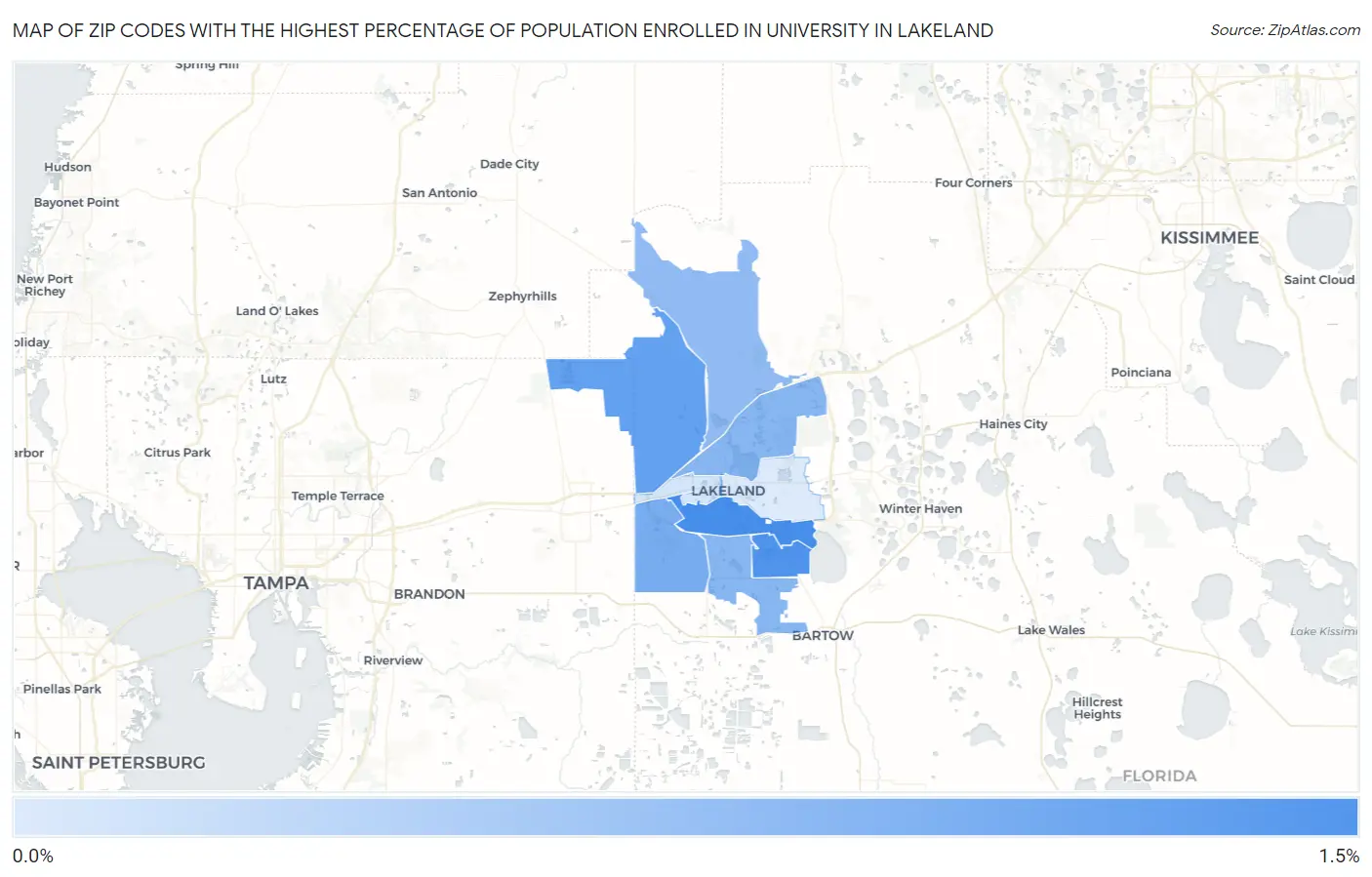 Zip Codes with the Highest Percentage of Population Enrolled in University in Lakeland Map
