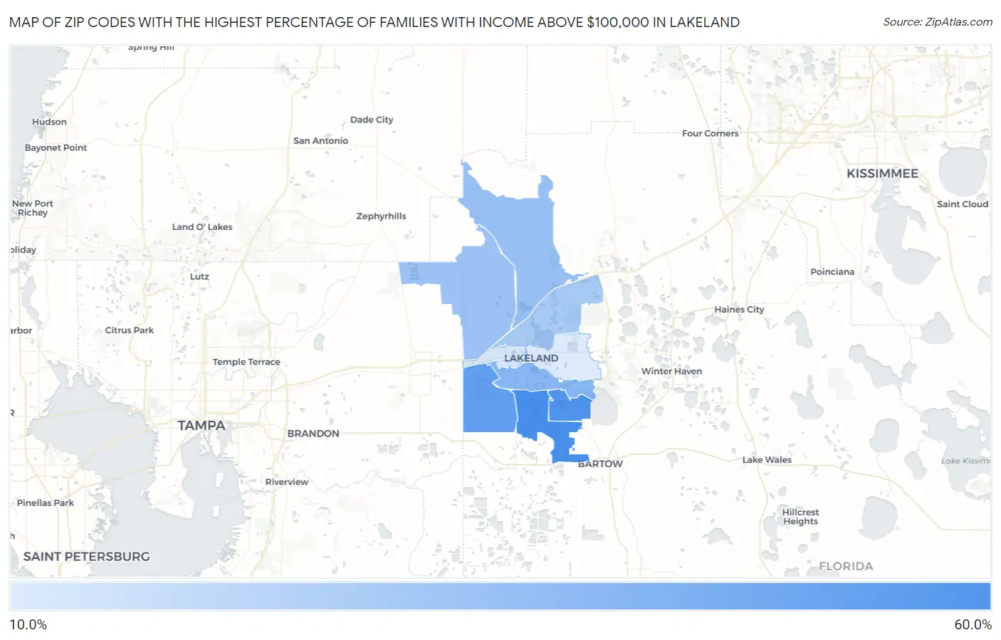 Zip Codes with the Highest Percentage of Families with Income Above $100,000 in Lakeland Map