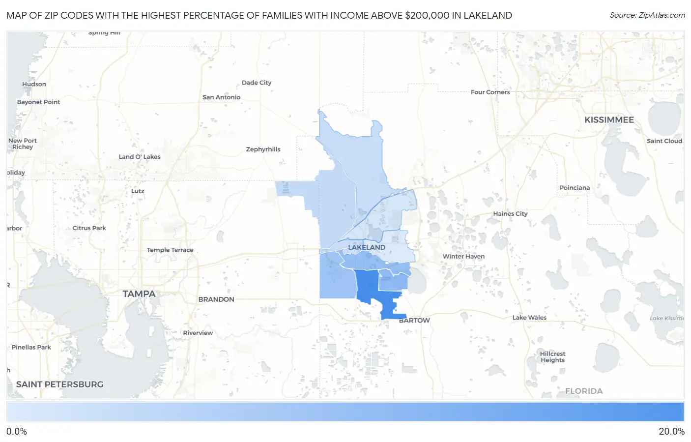 Zip Codes with the Highest Percentage of Families with Income Above $200,000 in Lakeland Map