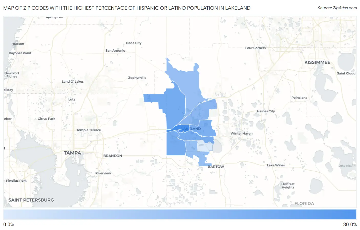 Zip Codes with the Highest Percentage of Hispanic or Latino Population in Lakeland Map