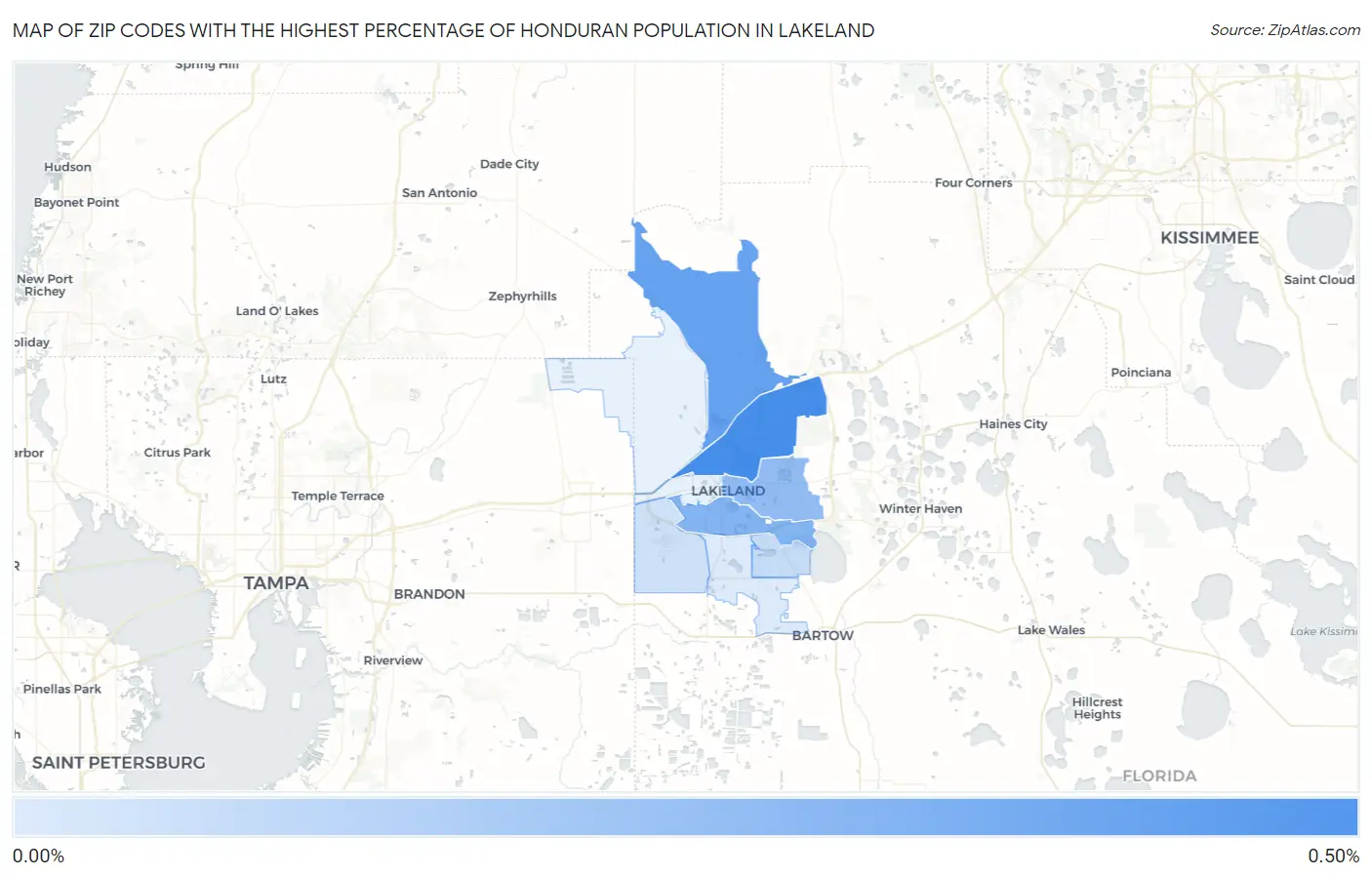 Zip Codes with the Highest Percentage of Honduran Population in Lakeland Map