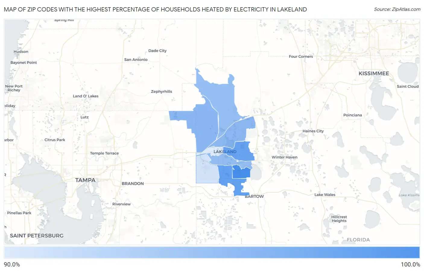 Zip Codes with the Highest Percentage of Households Heated by Electricity in Lakeland Map