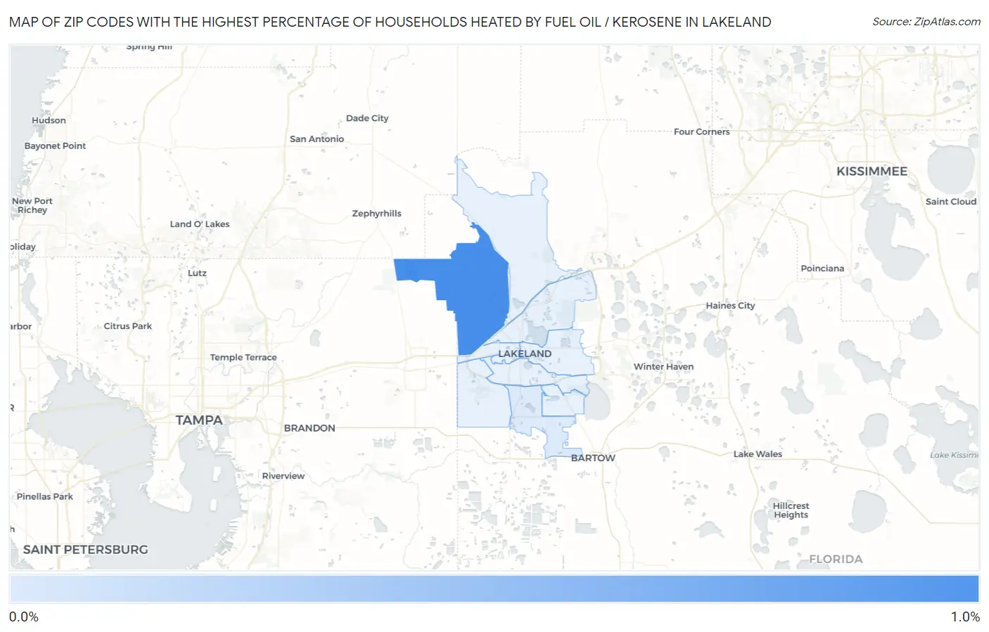Zip Codes with the Highest Percentage of Households Heated by Fuel Oil / Kerosene in Lakeland Map