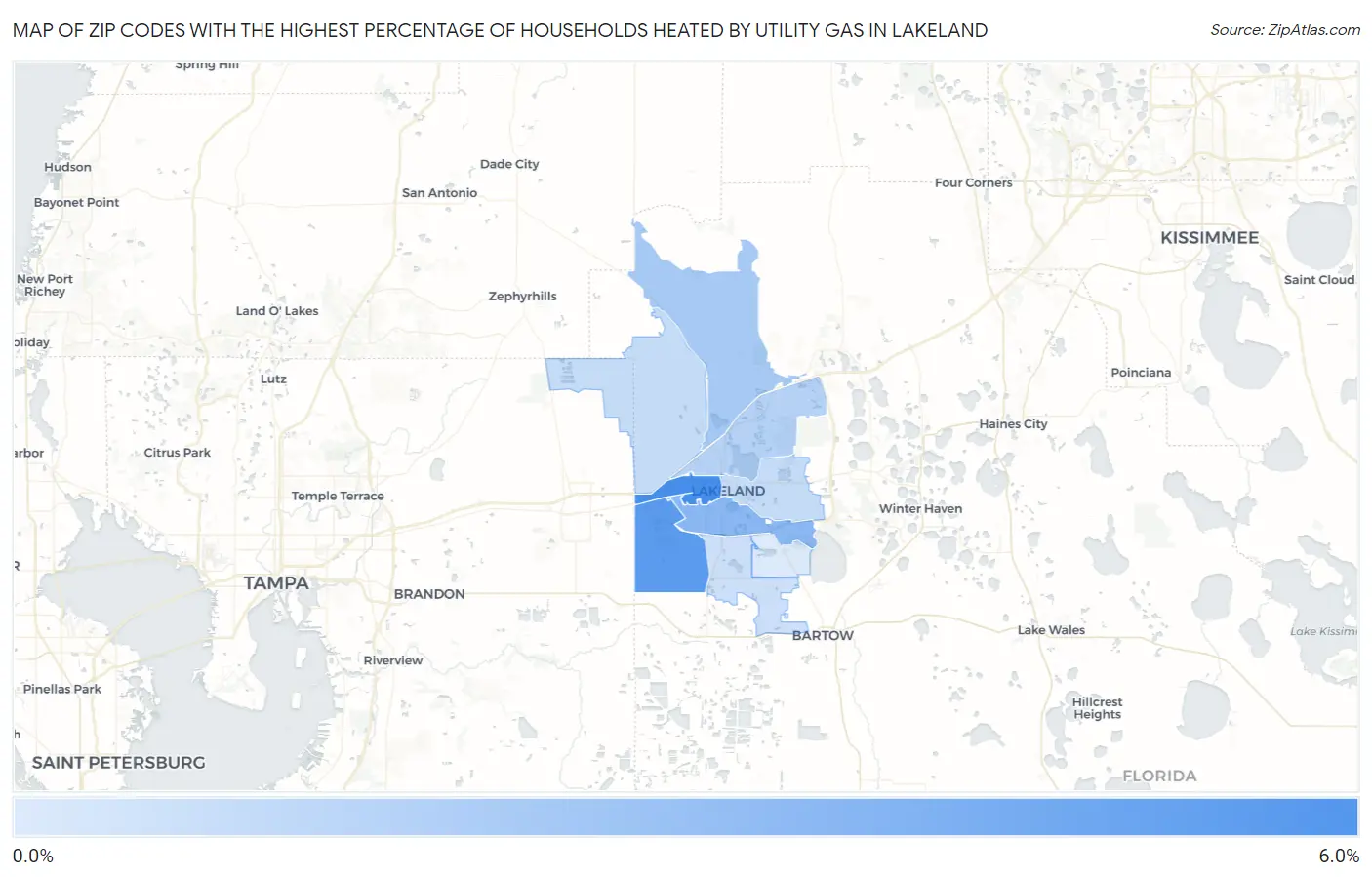 Zip Codes with the Highest Percentage of Households Heated by Utility Gas in Lakeland Map