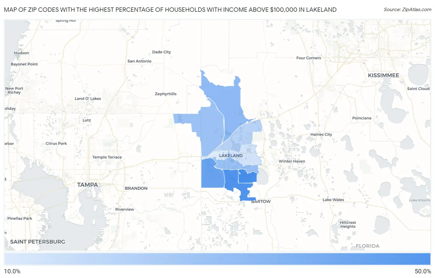 Zip Codes with the Highest Percentage of Households with Income Above $100,000 in Lakeland Map