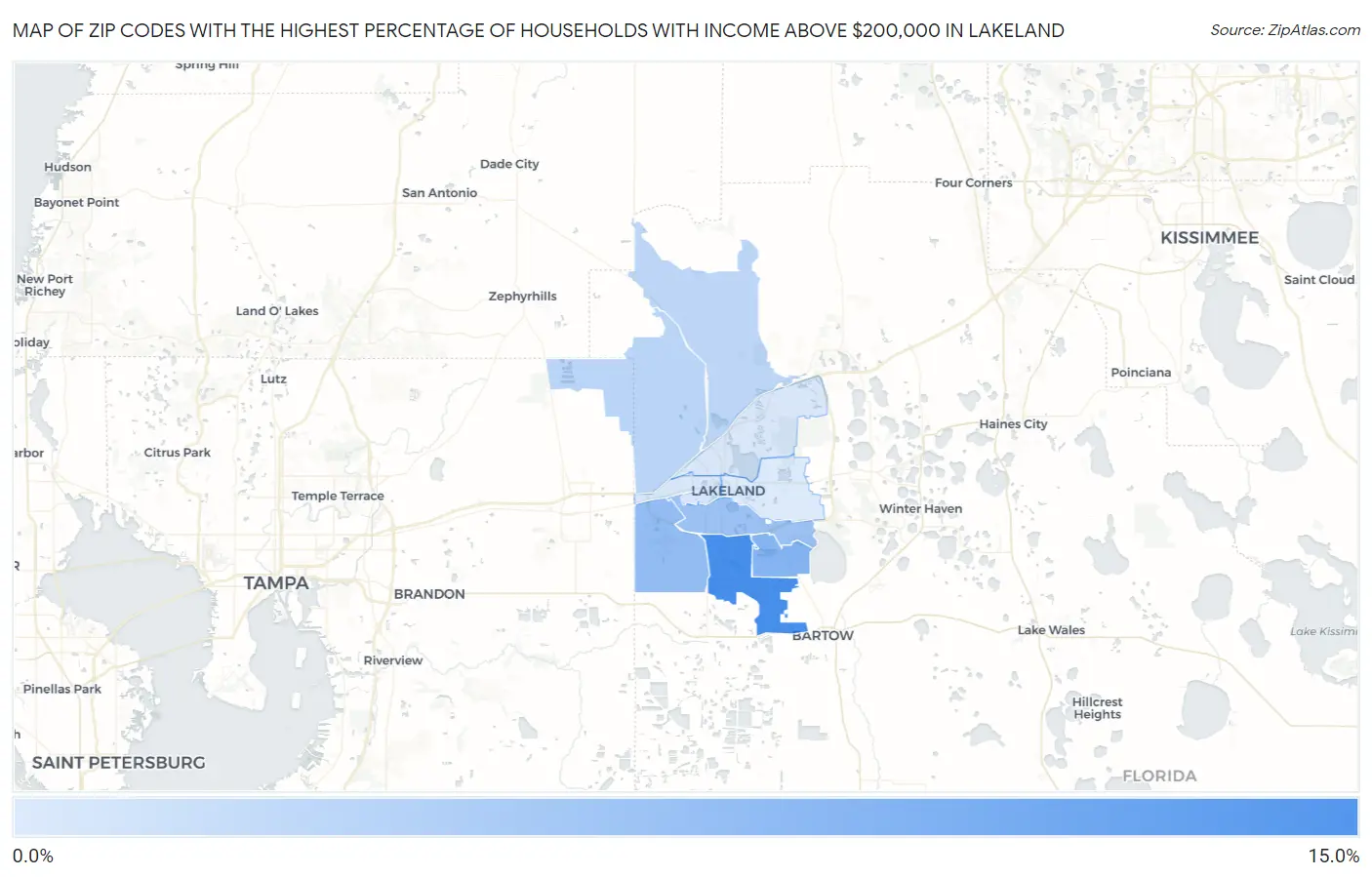 Zip Codes with the Highest Percentage of Households with Income Above $200,000 in Lakeland Map
