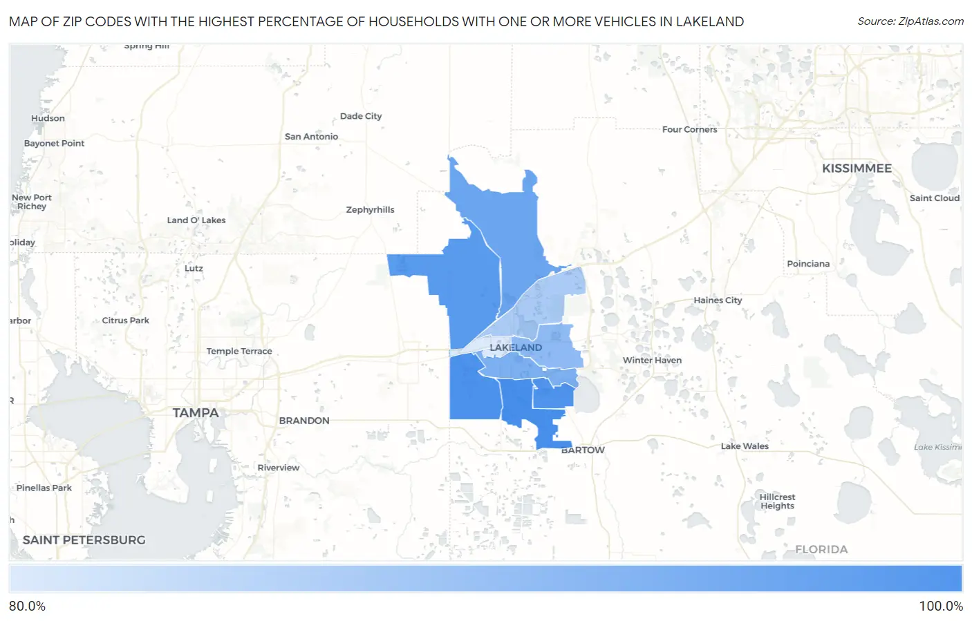 Zip Codes with the Highest Percentage of Households With One or more Vehicles in Lakeland Map
