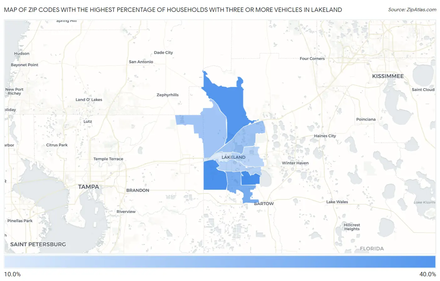 Zip Codes with the Highest Percentage of Households With Three or more Vehicles in Lakeland Map