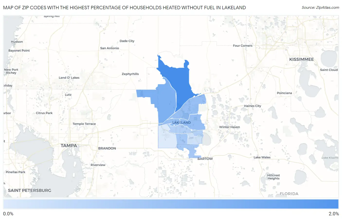 Zip Codes with the Highest Percentage of Households Heated without Fuel in Lakeland Map