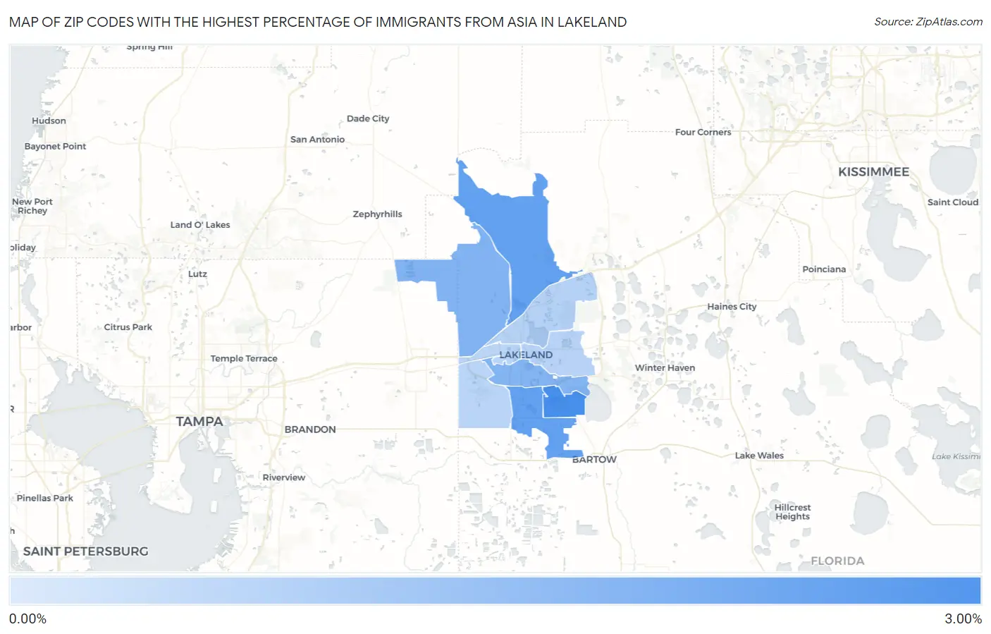 Zip Codes with the Highest Percentage of Immigrants from Asia in Lakeland Map