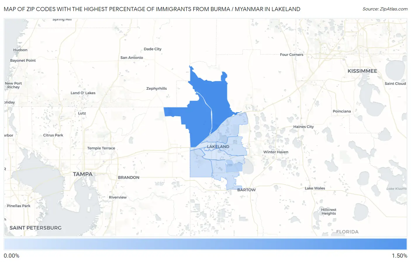 Zip Codes with the Highest Percentage of Immigrants from Burma / Myanmar in Lakeland Map