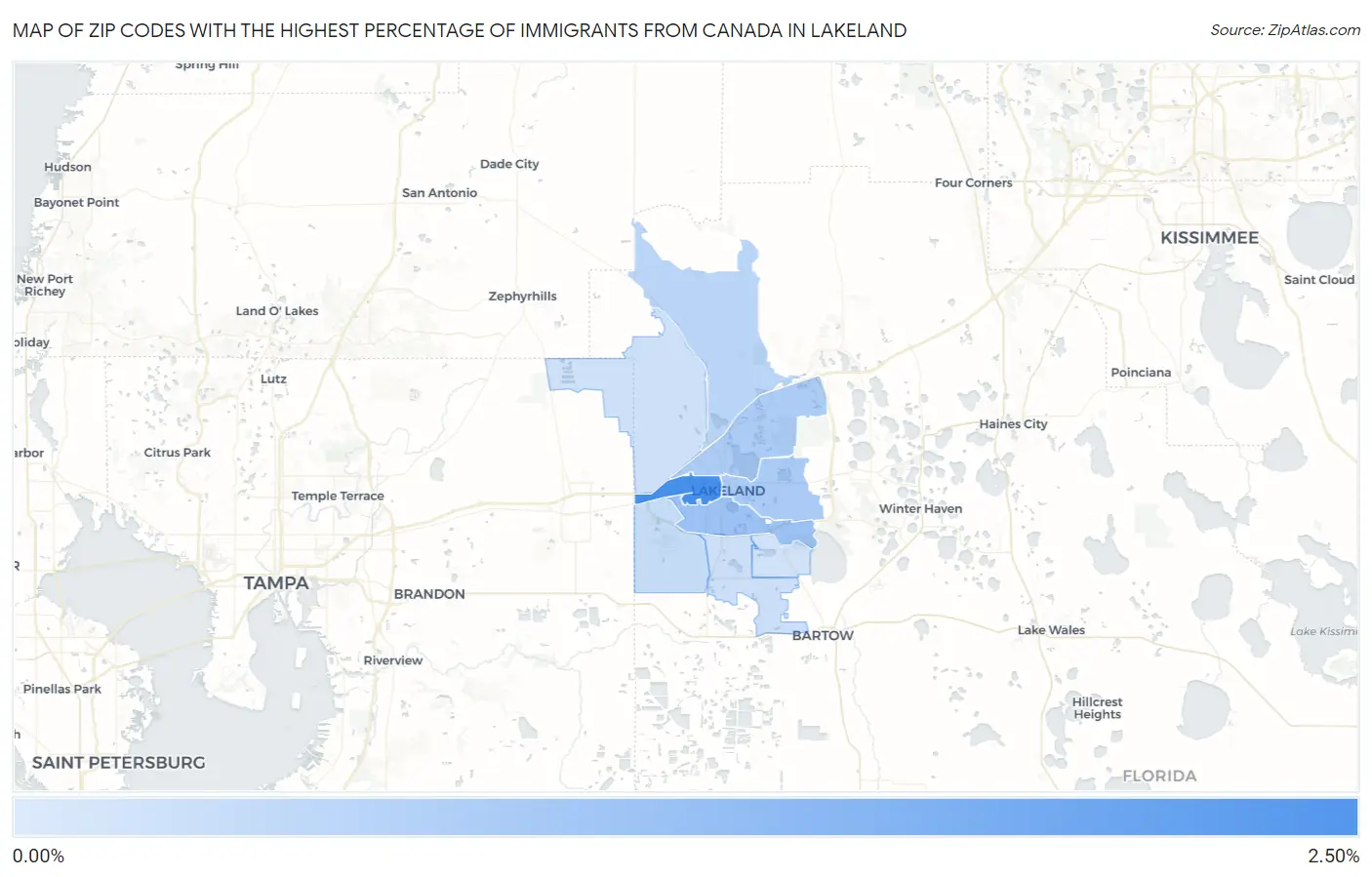 Zip Codes with the Highest Percentage of Immigrants from Canada in Lakeland Map