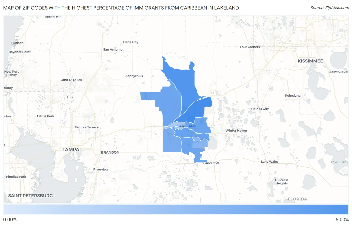 Zip Codes with the Highest Percentage of Immigrants from Caribbean in Lakeland Map