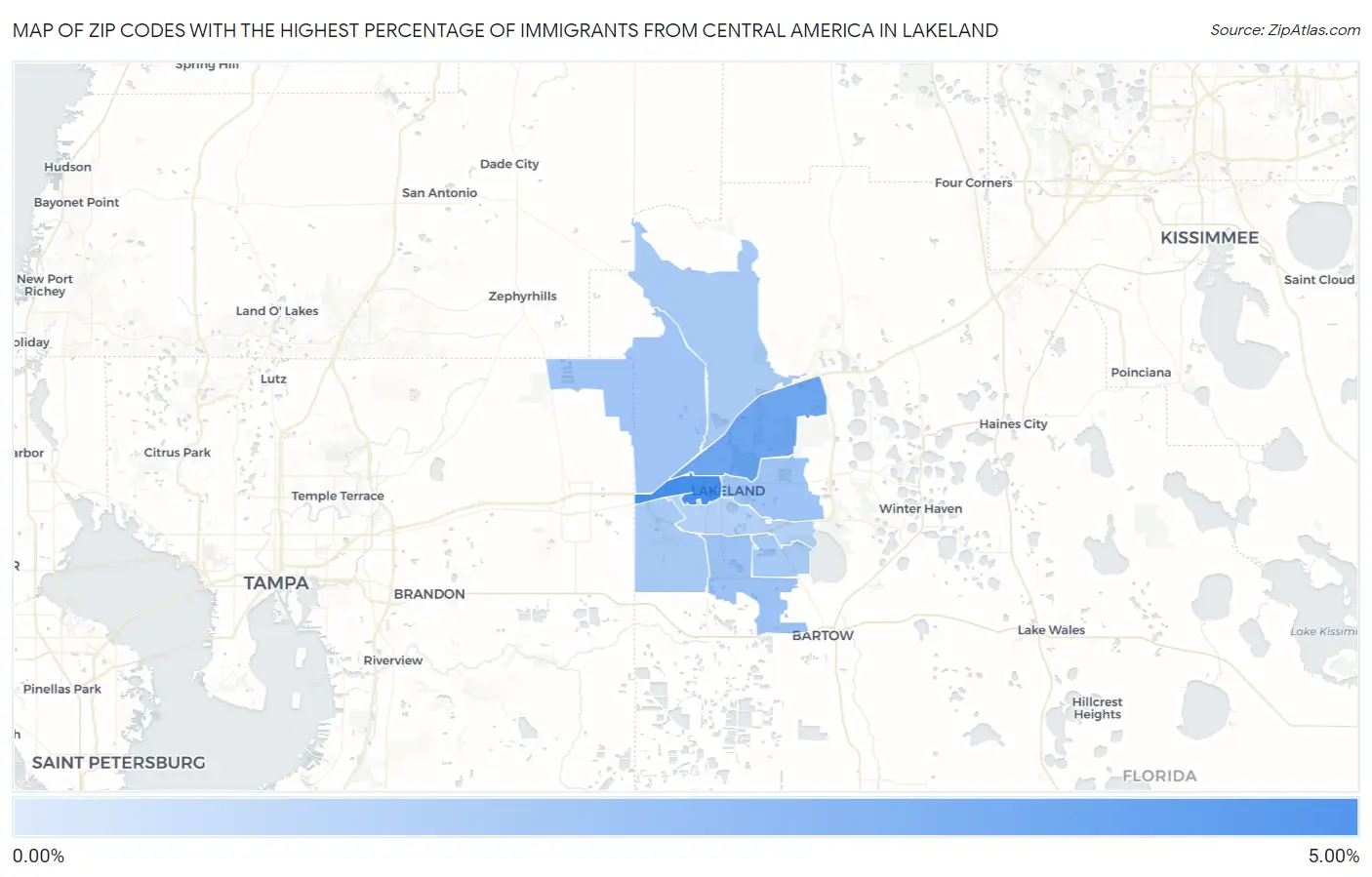 Zip Codes with the Highest Percentage of Immigrants from Central America in Lakeland Map